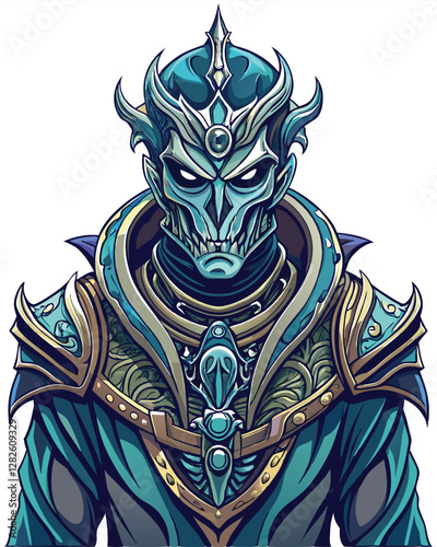 A brooding gothic warrior, clad in ornate, dark armor, partially obscured by a meticulously detailed, skull-like mask, stands defiantly.  His armor shows signs of battle.