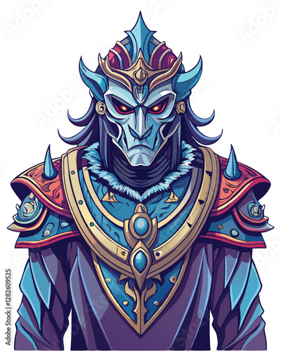 A brooding gothic warrior, clad in intricate, dark armor, his face concealed by an ornate, skull-like mask, stands defiantly.