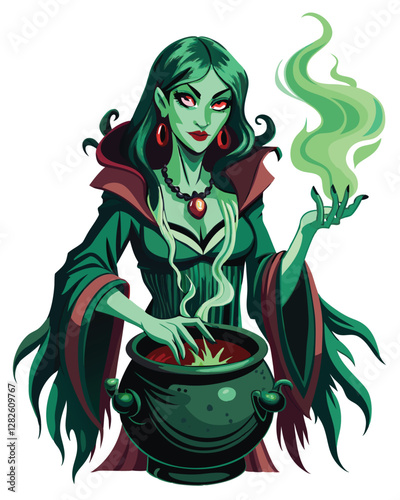 A gothic witch with long, clawed fingers stirring a bubbling cauldron, dark and mysterious atmosphere, detailed hands.