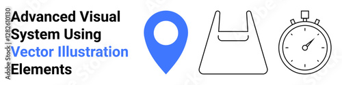 Blue location pin, shopping bag, and stopwatch emphasize delivery speed, navigation, shopping, and logistics. Ideal for e-commerce, time tracking navigation apps and rapid delivery services. Flat