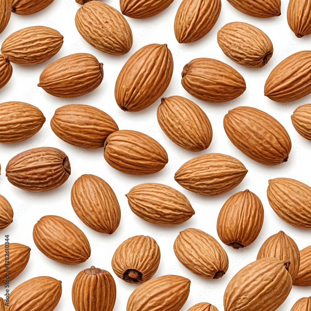 A bunch of almonds on a white surface. A bunch of almonds on a white surface.