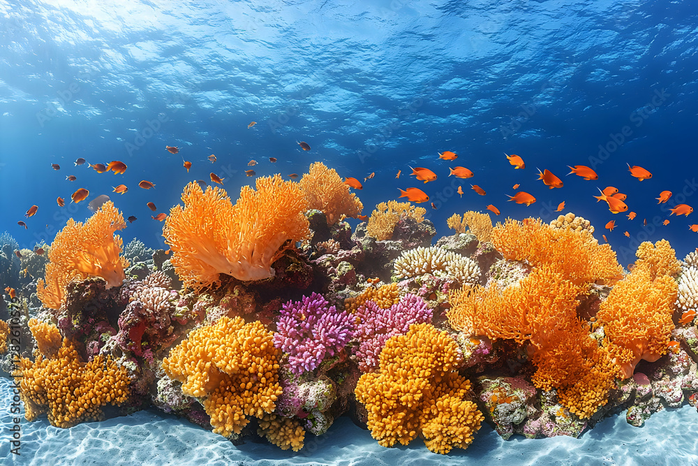 Obraz premium Vibrant Coral Reef Ecosystem with Orange and Purple Soft Corals and Small Orange Fishes in Clear Blue Ocean Water with Sunlight