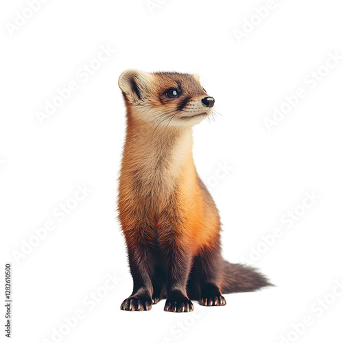 A small weasel standing on its hind legs, looking curiously to the side.