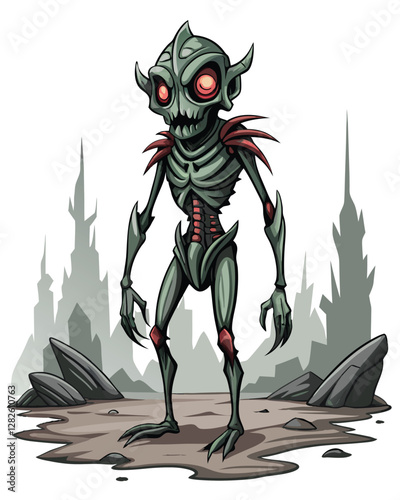 Render a grotesque alien creature with excessively long, spindly limbs and a visibly hollowed-out body cavity, emphasizing its unsettling anatomy.