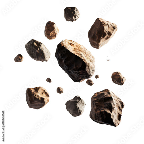 A group of floating brown rocks, isolated on a white background, creating a surreal effect.