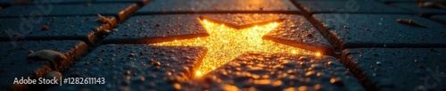 Golden star embedded in sidewalk, bright lights , urban, reflective