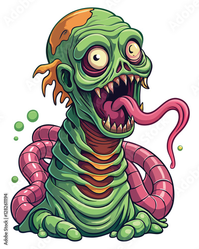 Render a grotesque alien worm with a disturbingly realistic human face, staring intensely at the viewer.  High detail, dark lighting.
