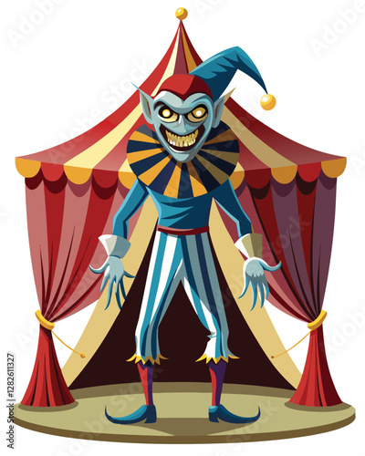 A grotesque jester with abnormally long limbs, spindly fingers, and a disturbing grin, stands alone in a dimly lit space.  His costume is tattered and stained.