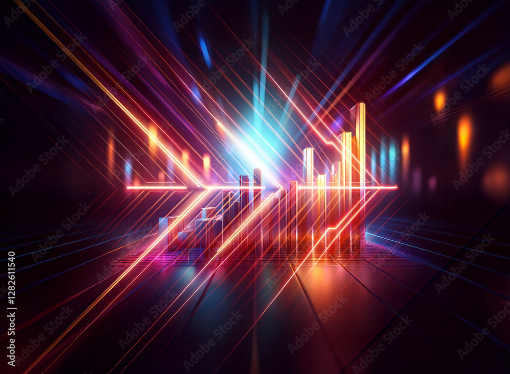 Vibrant double exposure of geometric lines creating a futuristic cityscape. Glowing light streaks illuminate a dark background, suggesting speed and energy. Vibrant double exposure of geometric lines creating a futuristic cityscape. Glowing light streaks illuminate a dark background, suggesting speed and energy.