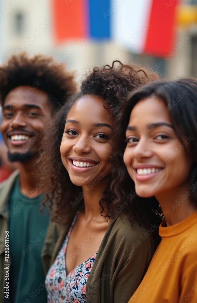 Multi-ethnic group of young cheerful people. Smiling African ethnicity women, man stand next to. Bonding, friendship concept. Youth, carefree, success, culture. Blurred russian flag background. Multi-ethnic group of young cheerful people. Smiling African ethnicity women, man stand next to. Bonding, friendship concept. Youth, carefree, success, culture. Blurred russian flag background.