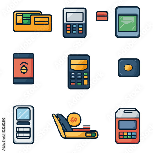 Financial Technology Icons Depicting Payment Methods and Banking Devices