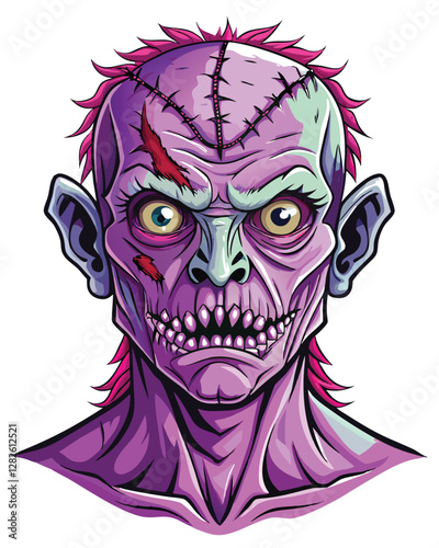 A horrifying stitched-together human head with mismatched eyes, grotesque detail, dark lighting, disturbing imagery, horror aesthetic.
