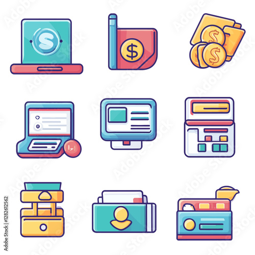 Set of vector icons depicting online finance and e-commerce concepts