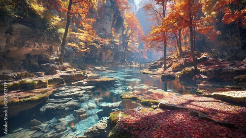 Autumnal River Scene in a Red and Orange Forest Canyon