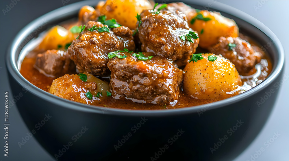 Beef stew with potatoes in bowl, dark background, food photography, recipe illustration Beef stew with potatoes in bowl, dark background, food photography, recipe illustration