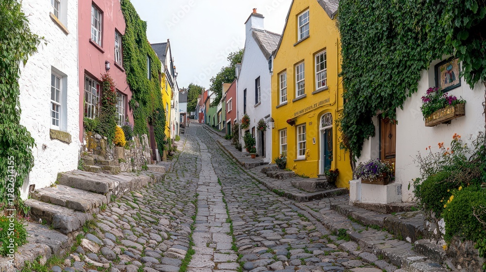 Obraz premium Charming Cobblestone Street Colorful Houses Irish Town Hilly Lane Picturesque Village