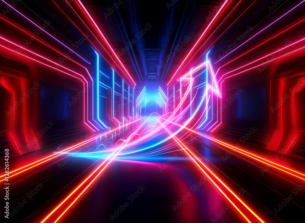 Futuristic tunnel with neon lights and an arrow pointing up. Double exposure effect creates a vibrant and dynamic scene. Futuristic tunnel with neon lights and an arrow pointing up. Double exposure effect creates a vibrant and dynamic scene.