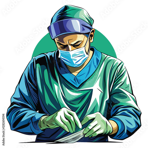 A focused surgeon meticulously prepares for a complex operation, donning sterile gloves, showcasing surgical precision and professionalism.