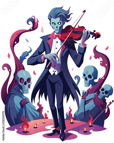 A spectral violinist, gaunt and ethereal, plays a decaying, ancient violin emanating an eerie green glow.  Details must be dark and atmospheric.