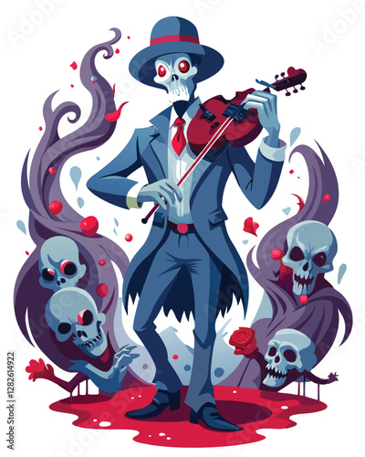 A spectral violinist, pale and gaunt, plays a decaying violin emanating eerie green light; haunted mansion backdrop.