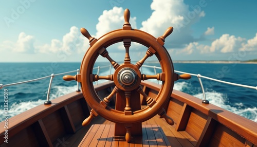 Ship wheel on boat with sea and sky. Classic vessel cruise steering helm with blue sky. Nautical travel direction navigation sailing transport yachting adventure, vacation.