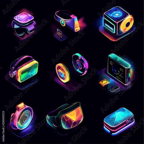 Neon Isometric Gadgets: Wearable Tech, VR Headset, and Modern Devices Set