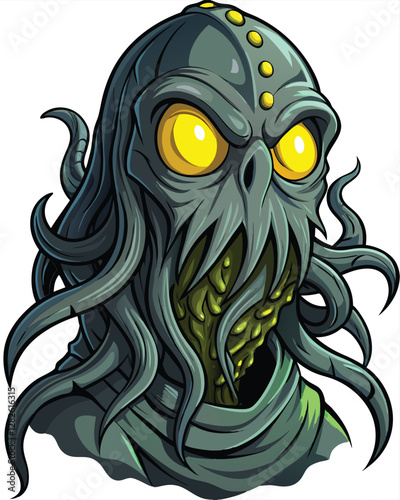 A horrifying close-up of a head engulfed by numerous writhing black tentacles, a single, piercing eye visible. (1) suggests further detail.