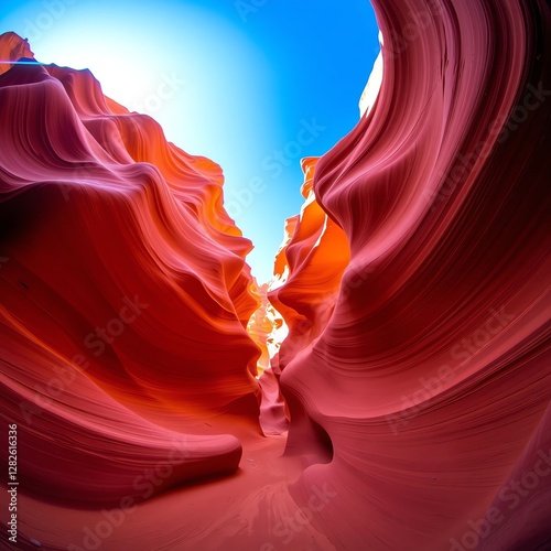 an image of a view of a canyon with a bright sun, there is a very large slot in the side of a canyon photo