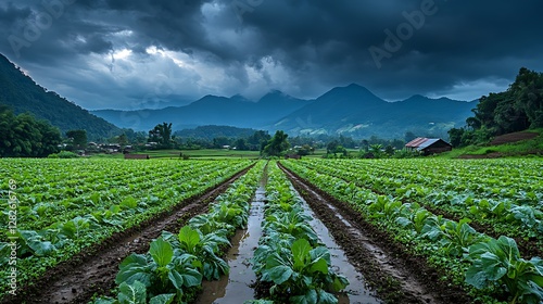 Rural farm field, rows of crops, stormy sky, mountains