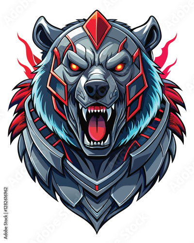 A cybernetically enhanced bear's head, glowing red eyes, intricate metallic details, high-tech, aggressive, berserker.