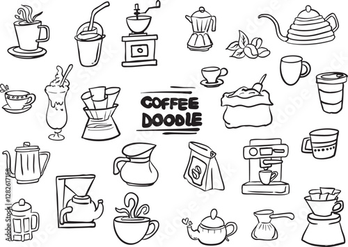 Adobe Illustrator Artwork, Hand-drawn coffee doodle set featuring various coffee-related elements such as coffee cups, espresso machines, coffee beans, mugs, teapots, and barista tools. 