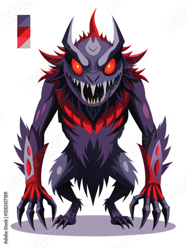 A colossal, shadowy monster, its form vaguely humanoid, looms over a desolate landscape; two malevolent, glowing red eyes pierce the darkness. (1)