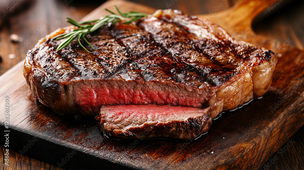 Close-up of a perfectly sliced medium rare grilled ribeye steak with a clean food background, showcasing the texture, juiciness, and deliciousness of the steak. Ideal for food lovers and culinary cont Close-up of a perfectly sliced medium rare grilled ribeye steak with a clean food background, showcasing the texture, juiciness, and deliciousness of the steak. Ideal for food lovers and culinary cont