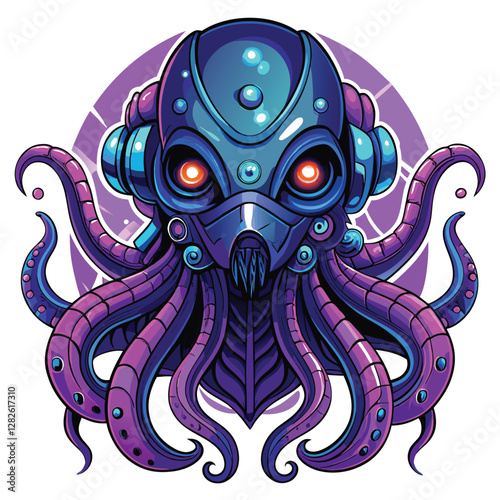 Render a highly detailed image of a bioluminescent octopus head, augmented with glowing purple AI circuitry, showcasing advanced technology integrated with organic life.