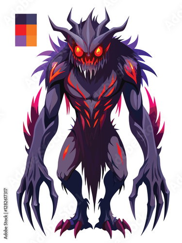 A colossal, shadowy monster looms, its immense form casting a dark pall,  fiery red eyes burning intensely in the gloom.