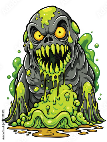 Render a horrifying toxic sludge monster, oozing glowing radioactive slime, detailed texture, vibrant colors, dark environment.