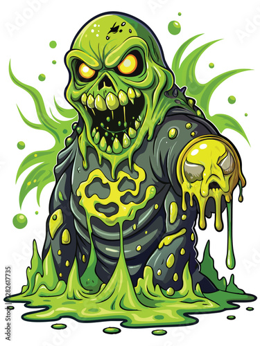 Render a horrifying toxic sludge monster, oozing glowing radioactive slime; detailed texture, dark environment, bioluminescent glow.