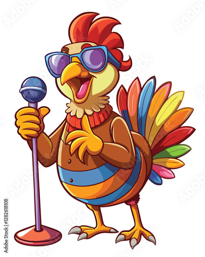 A comical turkey, sporting stylish sunglasses, strikes a cool pose, showcasing a humorous and unexpected juxtaposition.