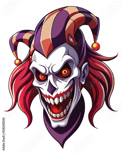 A detailed rendering of a twisted jester skull, featuring a cracked harlequin mask, showcasing intricate bone details and decaying textures.