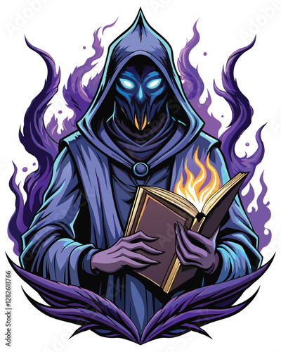 A mysterious hooded figure, glowing eyes piercing the darkness, clutches an ancient artifact;  eerie, atmospheric, fantasy art.
