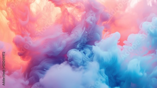 Abstract Colorful Smoke in the Blue Sky with Clouds, rainbow colored smoke background