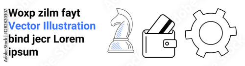 Knight chess piece, wallet with cards, and gear icons aligned beside placeholder text. Ideal for finance, strategy, business, technology, planning, innovation landing page
