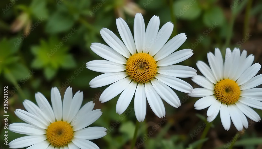 Three White Daisy Flowers Blooming in a Garden Setting Close-up Three White Daisy Flowers Blooming in a Garden Setting Close-up