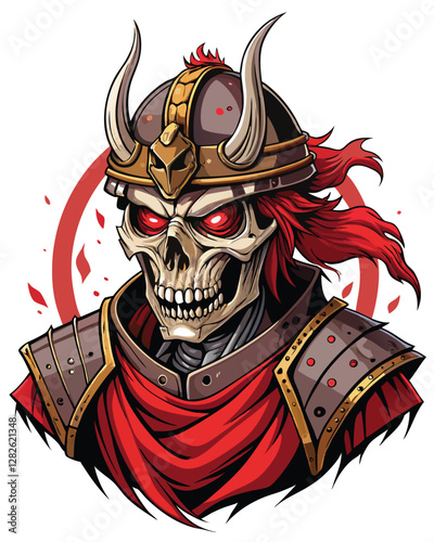 A decaying samurai skull, wearing a shattered kabuto helmet, amidst overgrown vegetation; detailed, dark, gritty, horror style.
