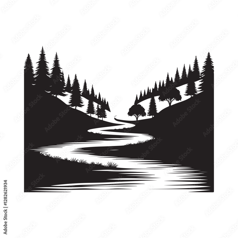 Fototapeta premium River running through trees Silhouette Vector Illustration, Solid White Background.