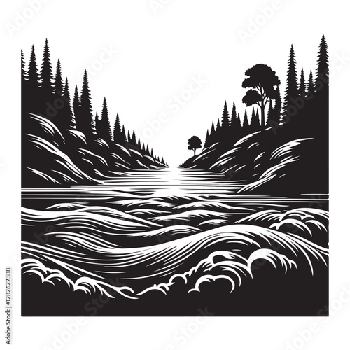 River running through trees Silhouette Vector Illustration, Solid White Background.