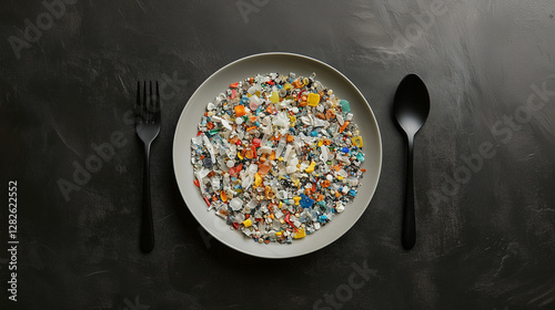 A plate full with microplastic with spoon and fork on the side
