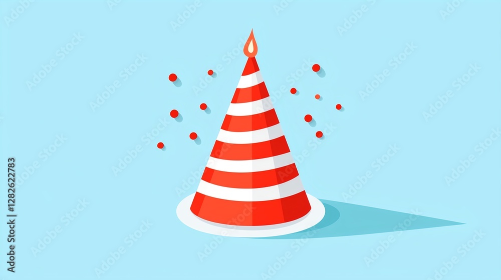Colorful Party Hat with Spirals and Confetti on Blue Background Colorful Party Hat with Spirals and Confetti on Blue Background