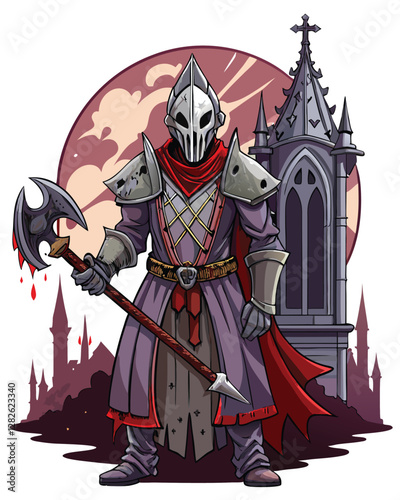 A terrifying masked executioner, cloaked and holding a massive, dripping bloodstained axe; dramatic lighting; dark, gritty aesthetic.