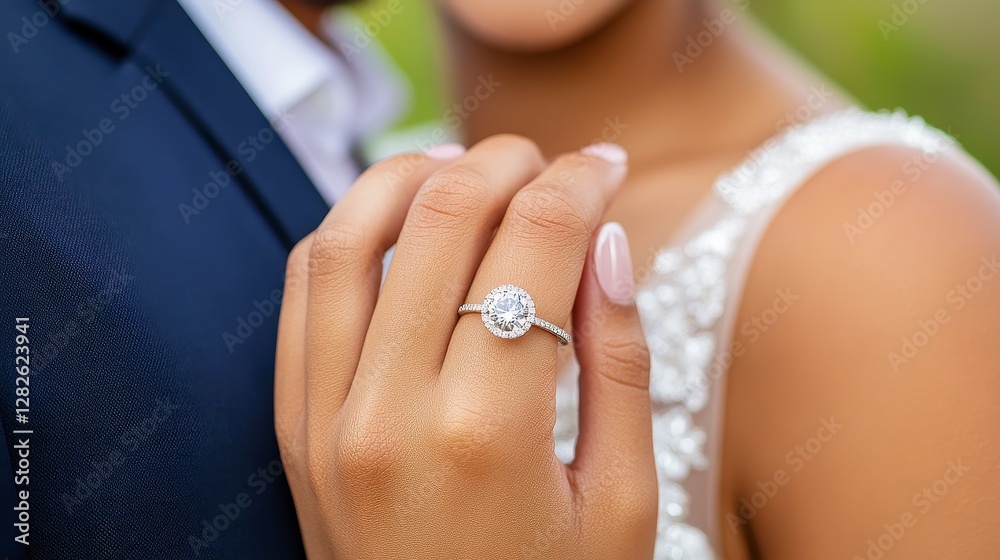 Closeup Of Diamond Engagement Ring On Woman's Hand With Groom In Background Closeup Of Diamond Engagement Ring On Woman's Hand With Groom In Background